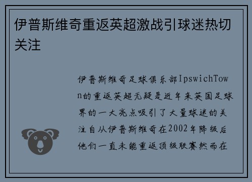 伊普斯维奇重返英超激战引球迷热切关注 伊普斯维奇重返英超激战引球迷热切关注