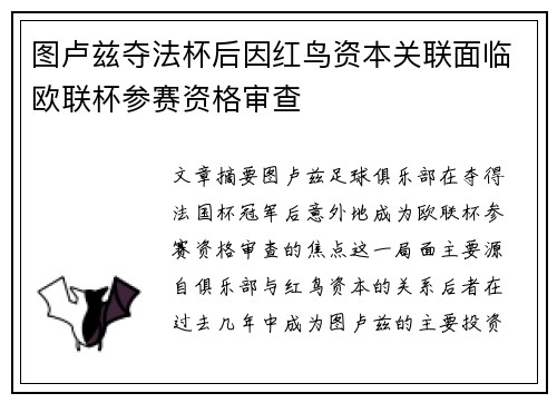图卢兹夺法杯后因红鸟资本关联面临欧联杯参赛资格审查 图卢兹夺法杯后因红鸟资本关联面临欧联杯参赛资格审查